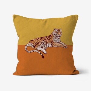 Tiger Cushion // Retro Yellow & Orange Faux Suede Double Sided Throw Pillow // Bright, Bold Two Tone Eclectic, Maximalist Big Cat Home Decor