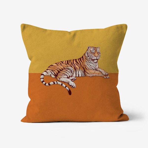 Tiger Cushion // Retro Yellow & Orange Faux Suede Double Sided Throw Pillow // Bright, Bold Two Tone Eclectic, Maximalist Big Cat Home Decor