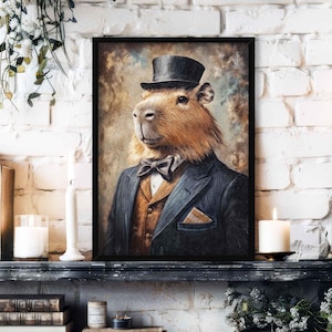 Capybara Man Wall Art Print // Vintage Painting Style Portrait of Cute Animal in Victorian Gentleman's Suit & Hat - Home Decor Poster Gift