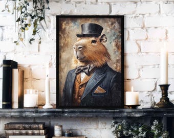 Capybara Man Wall Art Print // Vintage Painting Style Portrait of Cute Animal in Victorian Gentleman's Suit & Hat - Home Decor Poster Gift