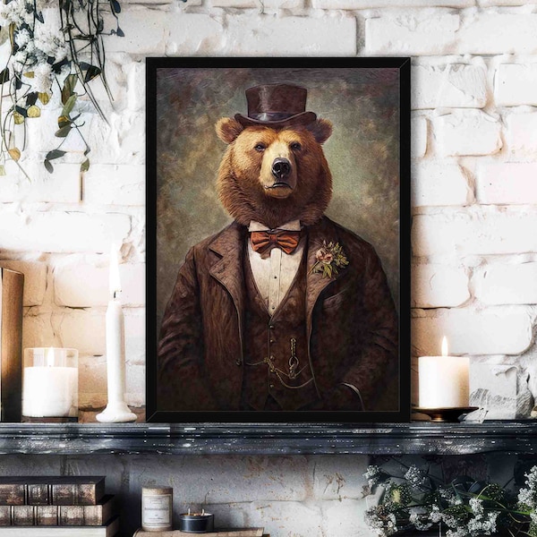 Grizzly Bear Wall Art Print // Vintage Painting Style Portrait of Victorian Gentleman Brown Bear Wearing Suit & Hat - Animal Home Decor Gift