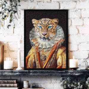 May include: A framed portrait of a leopard wearing a gold and white ruff collar and a gold and brown patterned robe. The leopard has blue eyes and a serious expression.