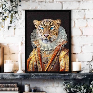 Leopard Queen Art Print // Vintage Painting Style Portrait of a Big Cat King with Royal / Regal Ruff Outfit  - Animal Lover Home Decor Gift