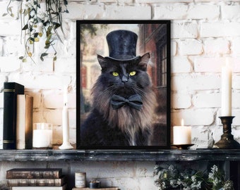 Victorian Black Cat Wall Art Print // Vintage Painting Style Portrait of Gentleman Street Cat with Top Hat & Bowtie - Animal Home Decor Gift