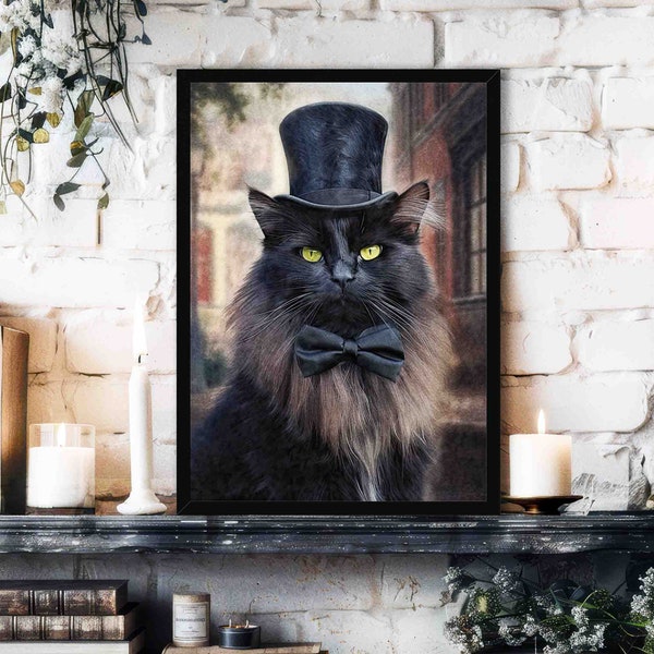 Victorian Black Cat Wall Art Print // Vintage Painting Style Portrait of Gentleman Street Cat with Top Hat & Bowtie - Animal Home Decor Gift