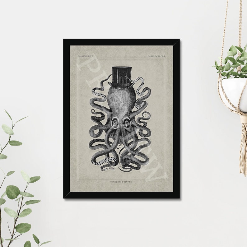 Op de afbeelding: Een zwart-witte illustratie van een octopus die een hoge hoed draagt. De illustratie is zwart ingelijst en heeft de tekst "MARINE LIFE" en "DARK OCTOPUS" bovenaan en "TENERIFE POLYPUS" onderaan.