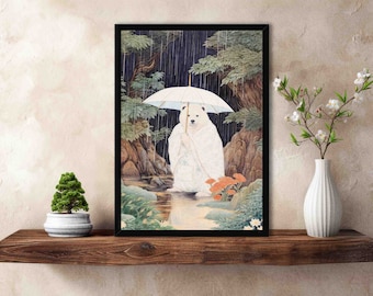 Bear in Japanese Garden Art Print / Vintage Woodblock Painting Style Cute White Geisha Polar Bear with Kimono & Umbrella - Home Decor Poster