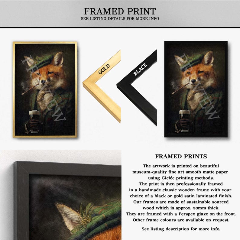 May include: Framed print featuring a fox in a green hat, smoking a cigar and holding a beer. The print is available with a gold or black frame. The text "FRAMED PRINT" is at the top.