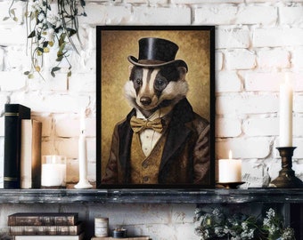 Badger Wall Art Print // Vintage Painting Style Portrait of Badger in Victorian Gentleman's Suit, Tophat & Bowtie - Animal Home Decor Gift