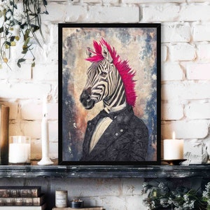 Zebra Wall Art Print // Vintage Painting Style Portrait of Cool Zebra with Bright Hot Pink Mohawk Hair & Tux Suit - Animal Home Poster Gift