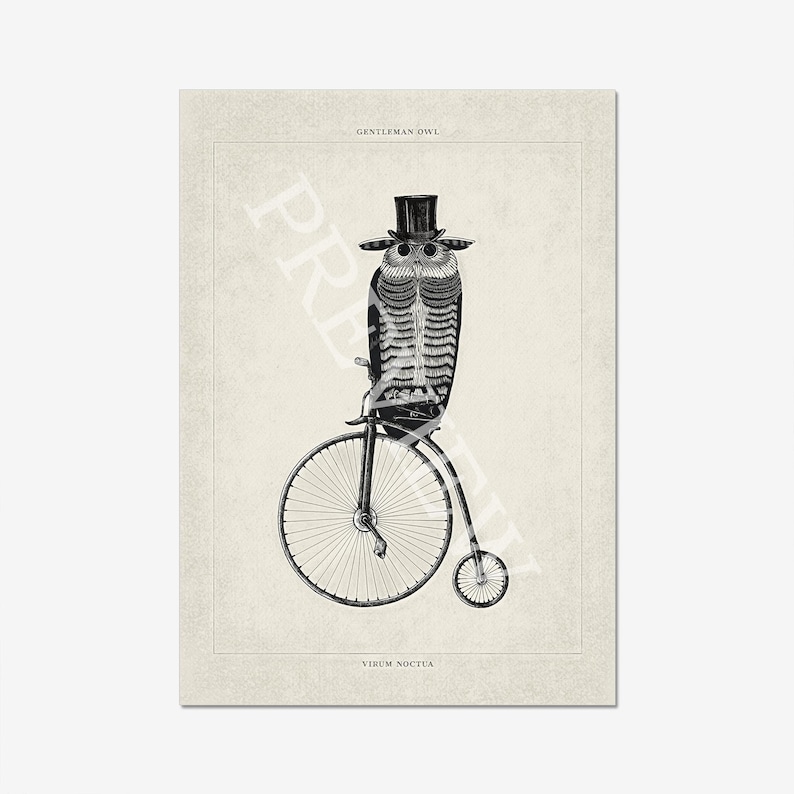 Gentleman Owl Vintage Style Print - 18th Century Victorian Wall Art - Owl Bird with Unicycle, Top Hat & Monocle - Steampunk Illustration image 3