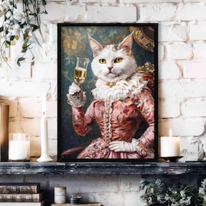 Cat Lady Drinking Champagne Wall Art Print // Vintage Painting Style Portrait of White Cat in Victorian Pink Lace Dress - Animal Kitchen Art