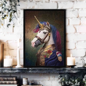 Unicorn Wall Art Print // Vintage Style Portrait of White Unicorn with Rainbow Mane & Gold Horn Wearing Military Uniform - Maximalist Decor