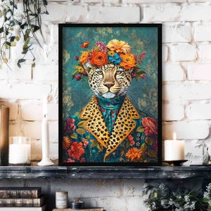 Leopard Maximalist Wall Art Print // Vintage Painting Style Portrait of Bold Eclectic Fashionista Cat with Floral Crown - Animal Poster Gift