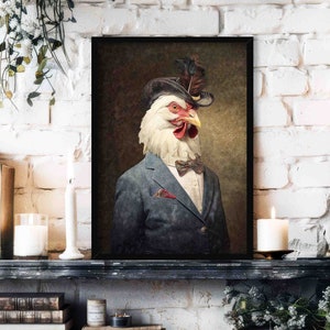 Chicken Man Wall Art Print // Vintage Painting Style Portrait of Rooster Bird with Victorian Suit - Animal Living Room Kitchen Home Poster