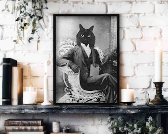 Black Cat Wall Art Print - Vintage Historical Victorian Animal Portrait Style Black and White Cat Portrait - Gothic Surreal Home Decor Gift