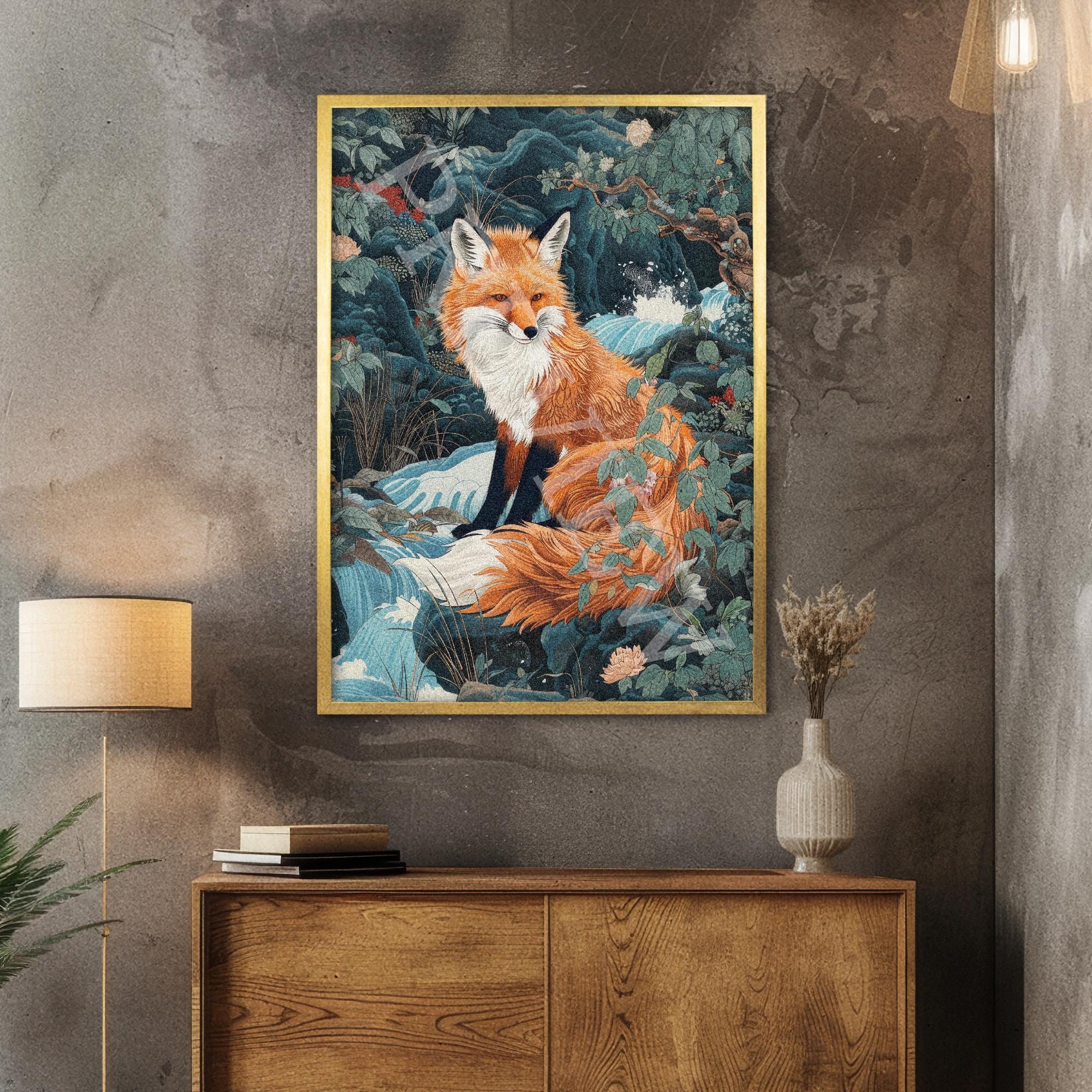 Fox & Waterfall Art Print // Vintage Woodblock Japanese Painting