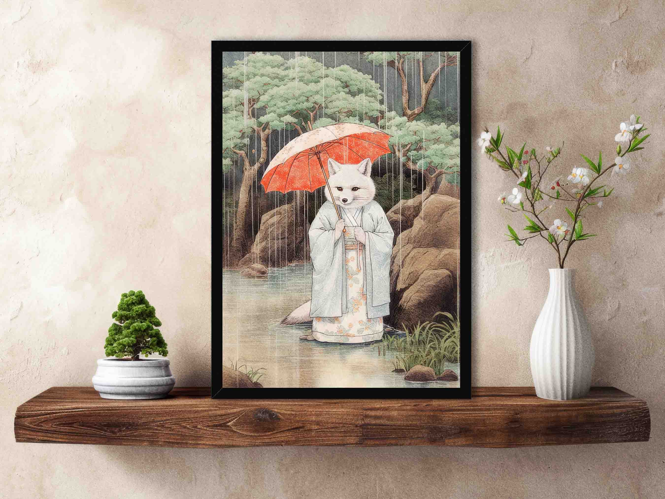 Fox in Japanese Garden Art Print // Vintage Woodblock Painting Style White Geisha Arctic Snow Fox with Kimono & Umbrella - Home Decor Poster