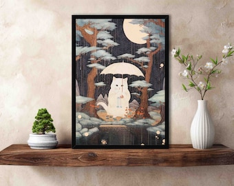 Cat in Moonlit Japanese Garden Art Print // Vintage Woodblock Painting Style White Geisha Kitty with Kimono & Umbrella - Home Decor Poster
