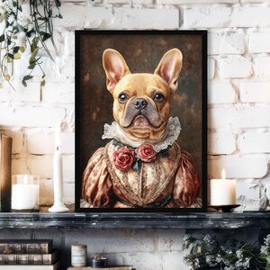 French Bulldog Lady Wall Art Print // Brown Tan Frenchie Dog Wearing Victorian Dress in Vintage Painting Style Portrait - Dog Lover Poster