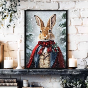 Rabbit Winter Christmas Wall Art Print // Vintage Painting Style Portrait of Cute Bunny Hare in Victorian Suit - Festive Holiday Home Decor