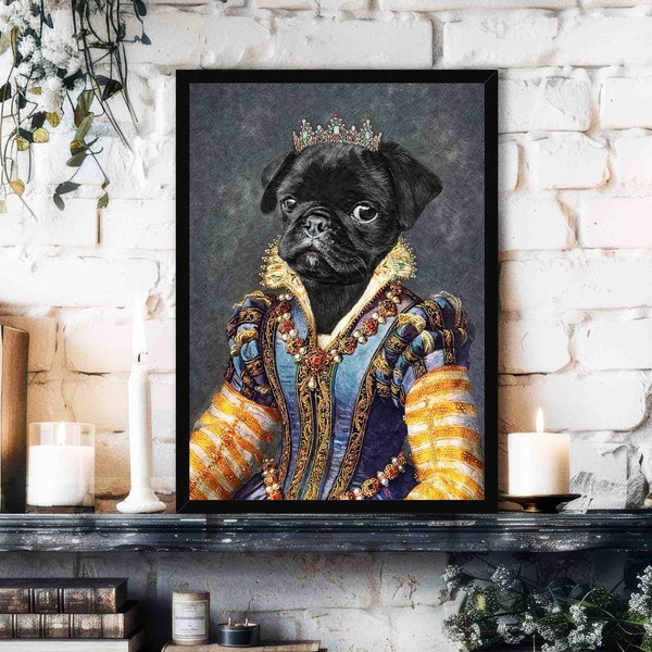 Pug Queen Art Print - Vintage Historical Royal Painting Style Regal Black Puppy Dog Portrait Picture Wall Art Decor - Animal Lover Gift