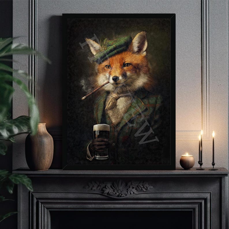 May include: A framed portrait of a fox dressed in a green plaid jacket and hat, smoking a pipe and holding a glass of beer. The fox has orange and white fur. The background is dark with a hint of green.