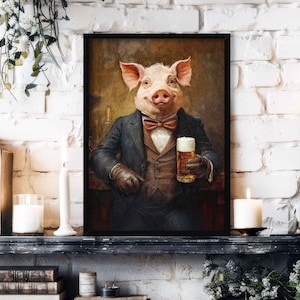 Pig Drinking Beer Wall Art Print // Vintage Painting Style Portrait of Pig Man in Victorian Suit & Pint of Ale -  Animal Home Bar Pub Gift