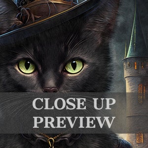 May include: A black cat with green eyes wearing a black hat with a brown brim and a gold chain around its neck. The cat is looking directly at the viewer. The background is a blurry image of a tower.