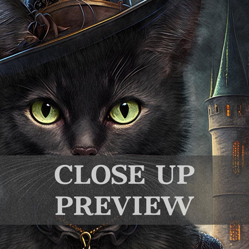 May include: A black cat with green eyes wearing a black hat with a brown brim and a gold chain around its neck. The cat is looking directly at the viewer. The background is a blurry image of a tower.