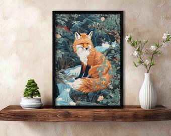 Fox & Waterfall Art Print // Vintage Woodblock Japanese Painting Style Red Fox in Woodland Zen Garden - Cottagecore Animal Home Decor Poster
