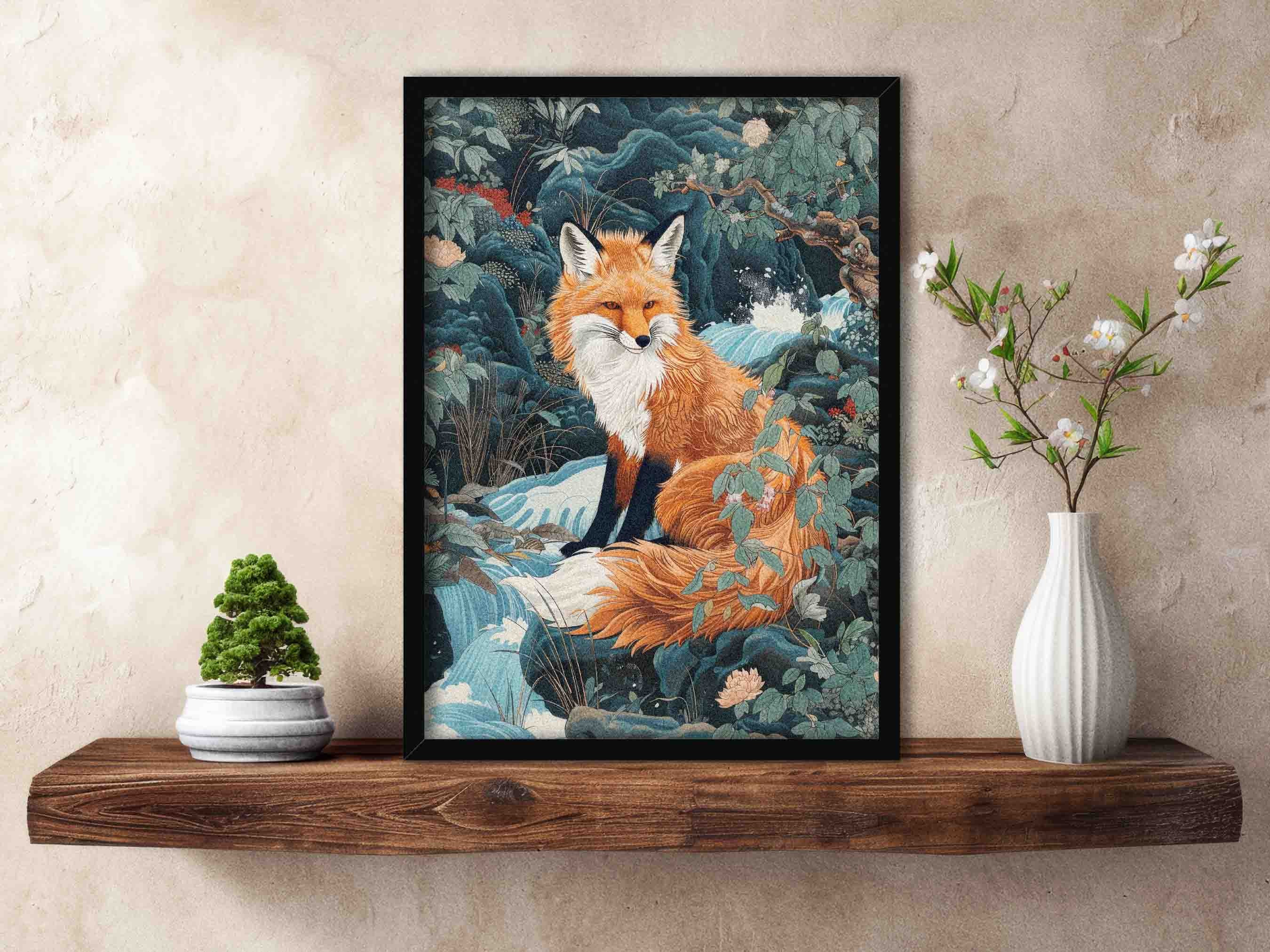 Fox & Waterfall Art Print // Vintage Woodblock Japanese