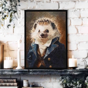 Hedgehog Gentleman Wall Art Print // Vintage Painting Style Portrait of Cute Pygmy Hedgehog in Victorian Outfit - Pet Home Decor Poster Gift