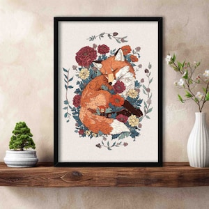 Sleeping Fox Art Print // Vintage Woodblock Japanese Painting Style Red Fox with Flowers in Foliage - Cottagecore Animal Home Decor Poster