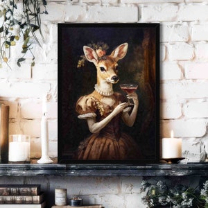 Deer Drinking Cocktail Wall Art Print // Vintage Painting Style Portrait of Stag / Doe in Victorian Dress - Animal Kitchen Bar Decor Poster