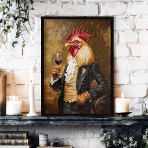 Rooster Drinking Red Wine Wall Art Print // Vintage Painting Style Portrait of Chicken Bird in Victorian Suit -  Animal Home Bar Pub Gift
