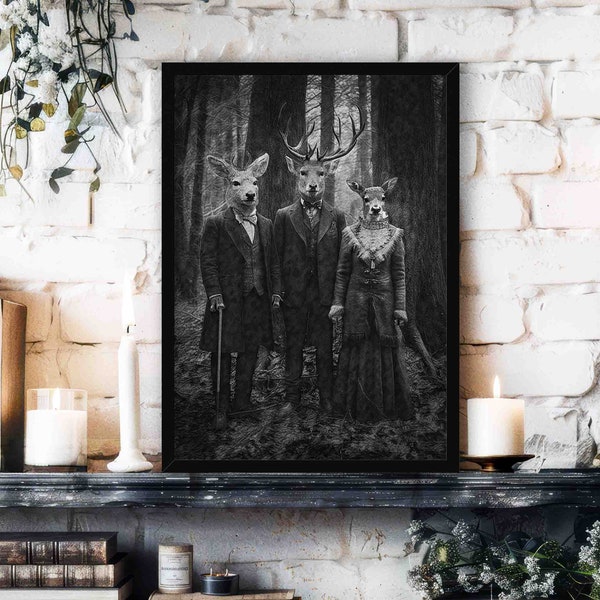 Stag Family Picture Wall Art Print // Vintage Photograph Style Portrait of Deer Family in Forest Wearing Victorian Outfits - Gothic Decor