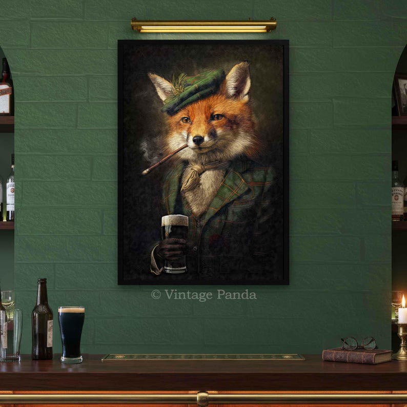 May include: A framed print featuring a fox in a green plaid jacket, hat, and ascot, smoking a cigar and holding a pint of beer. The image has a vintage style, with a dark background and the text "Vintage Panda" at the bottom.