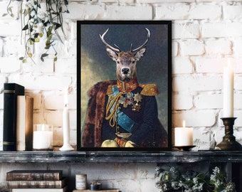 Stag Wall Art Print // Vintage Painting Style Portrait of Scottish Stag / Deer Animal in Military Uniform - Animal Lover Home Decor Gift