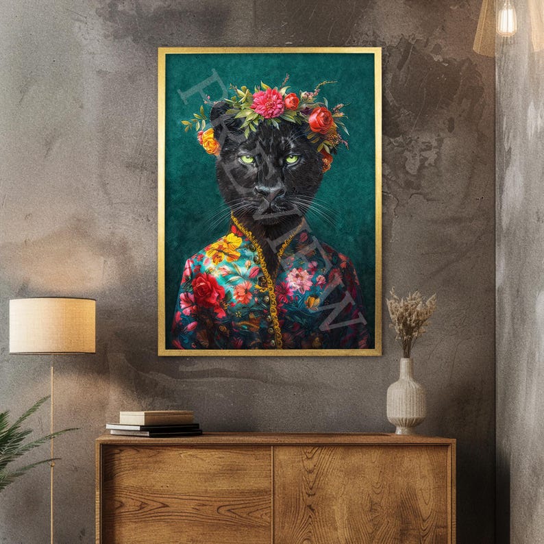 Panther Maximalist Wall Art Print // Vintage Painting Style Portrait of ...