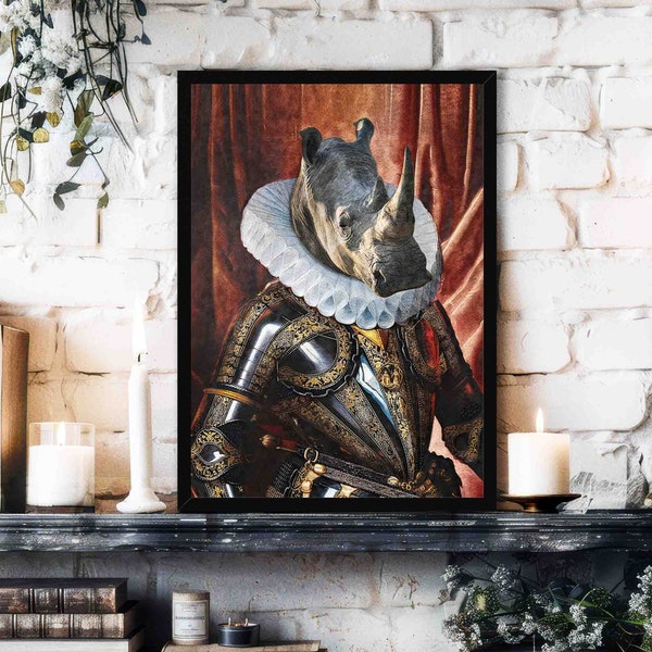Rhino Wall Art Print // Vintage Painting Style Portrait of Renaissance Rhinoceros Wearing Suit of Armour with Ruff - Maximalist Home Decor