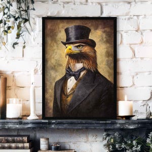 Golden Eagle Gentleman Wall Art Print | Vintage Style Portrait of Bird in Victorian Suit & Hat | Whimsical Quirky Animal Home Decor Poster
