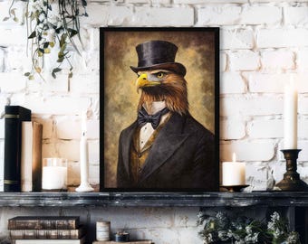 Op de afbeelding: Een schilderij van een steenarend die een zwarte hoge hoed en een strikje draagt. De arend draagt een colbertjasje en heeft een serieuze uitdrukking op zijn gezicht.