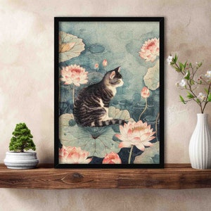 Cat in Pond Art Print // Vintage Woodblock Japanese Painting Style Cute Tabby Cat on Water Lily Pad - Lotus Flower Animal Home Decor Poster
