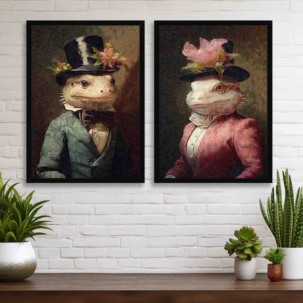 Mr & Mrs Lizard Wall Art Set - Cute Reptile Couple with Victorian Clothes in Vintage Painting Style - Dinosaur Gallery Poster Print Bundle
