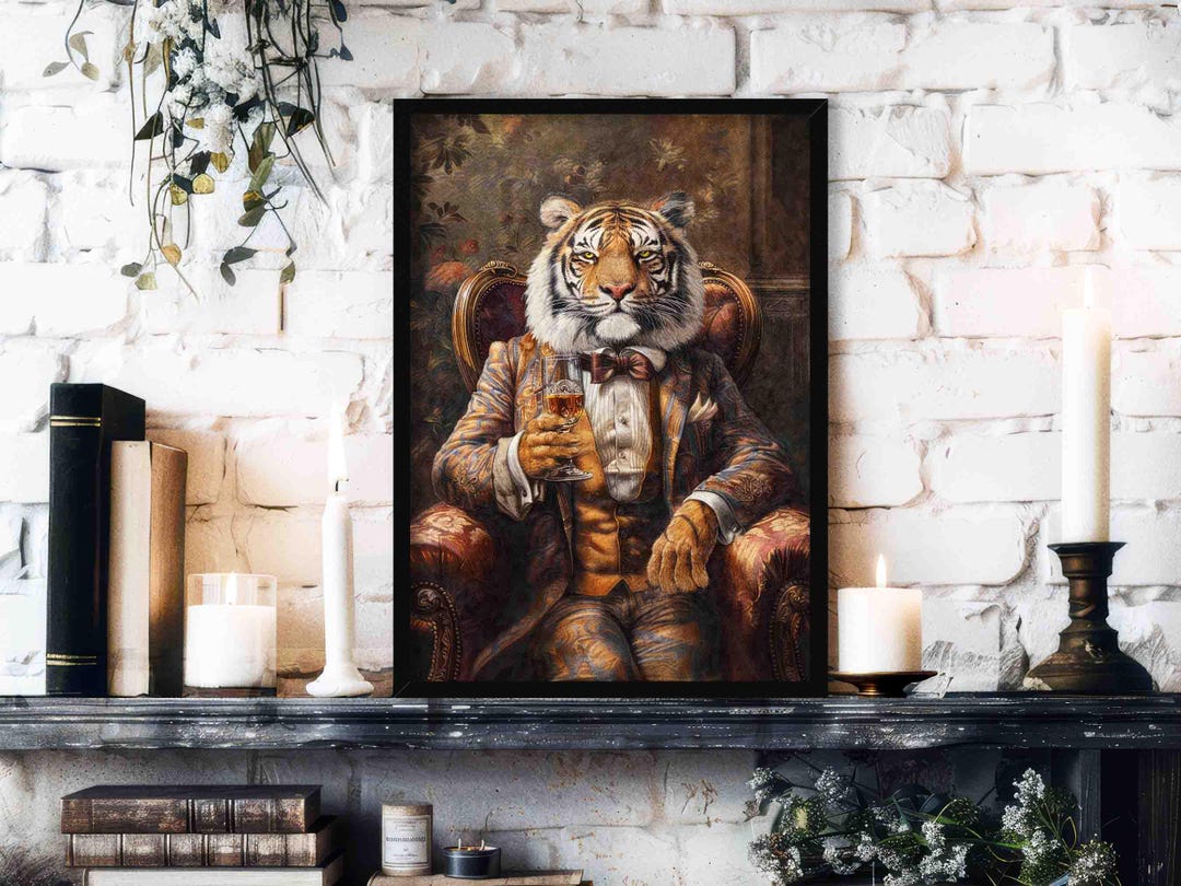 Tiger Drinking Whisky Wall Art Print // Vintage Painting Style