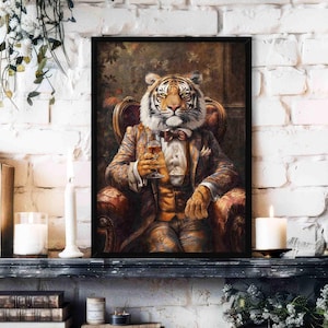 Tiger Drinking Whisky Wall Art Print // Vintage Painting Style Gentleman Cat in Dapper Victorian Suit - Whiskey Scotch Kitchen Home Bar Gift