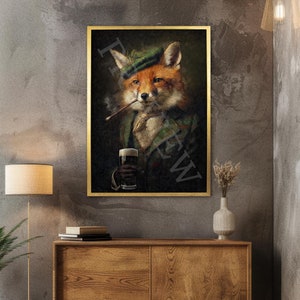 May include: A framed artwork depicts a fox in a green plaid jacket, hat, and ascot, smoking a cigar and holding a pint of dark beer. The fox has orange fur and a serious expression. The artwork is in a gold frame.