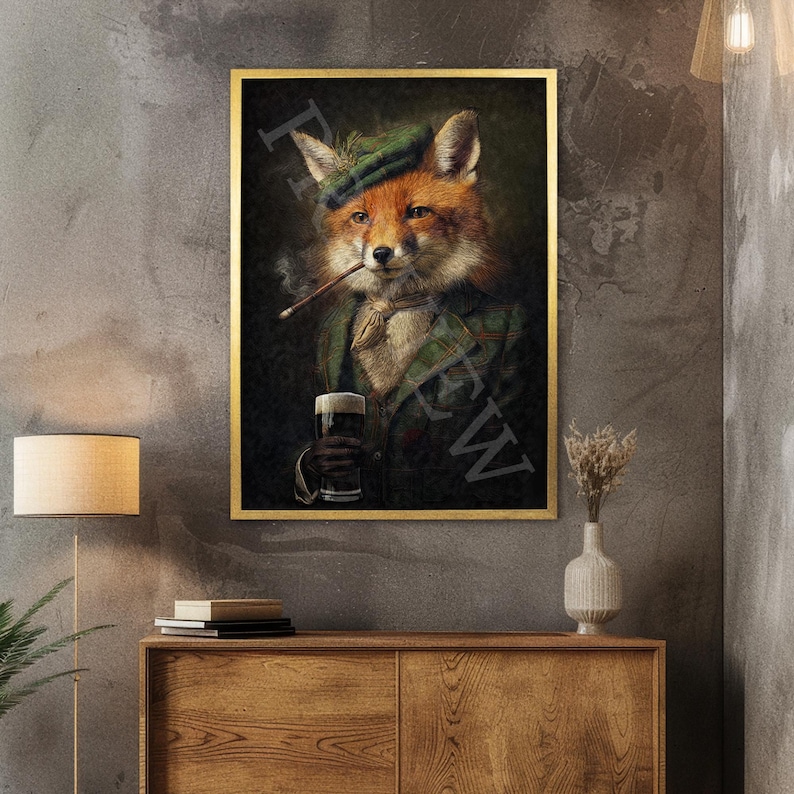 May include: A framed artwork depicts a fox in a green plaid jacket, hat, and ascot, smoking a cigar and holding a pint of dark beer. The fox has orange fur and a serious expression. The artwork is in a gold frame.