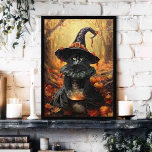 Halloween Witch Cat Wall Art Print // Gothic Vintage Painting Style Black Cat Casting Spells in a Forest on All Hallows Eve - Autumn Decor